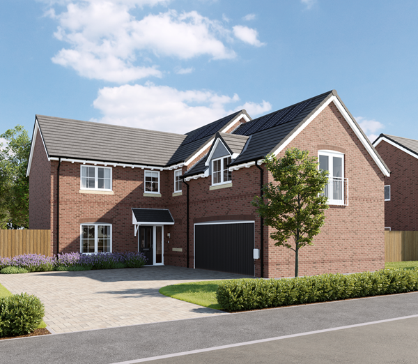 Large red brick detached house with grey tiled roof, black garage door, solar panels and landscaped front garden