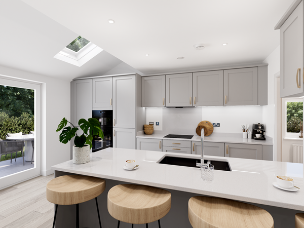 Contemporary kitchen with grey cabinets, breakfast bar, skylight, integrated appliances and garden view