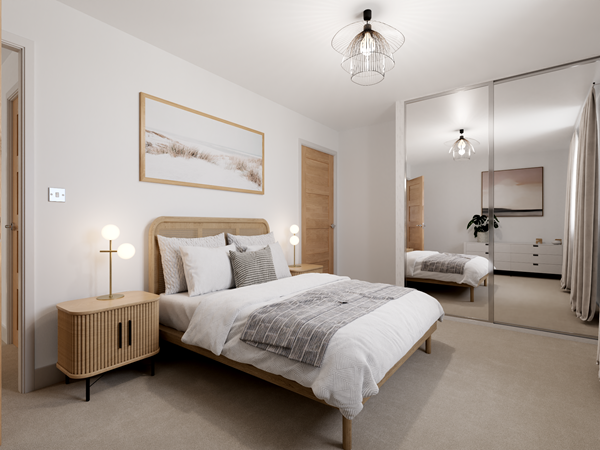 Contemporary bedroom with wooden bed frame, mirrored wardrobe, neutral décor and stylish lighting for a modern look