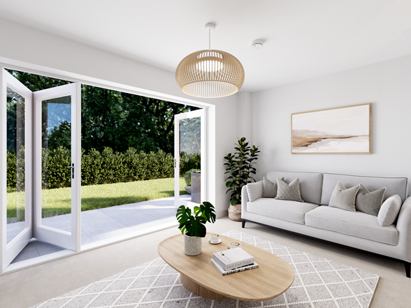 bright living room in the cromer two-bedroom home with a light grey sofa, wooden coffee table, neutral décor, and large bi-fold doors opening to a garden view.