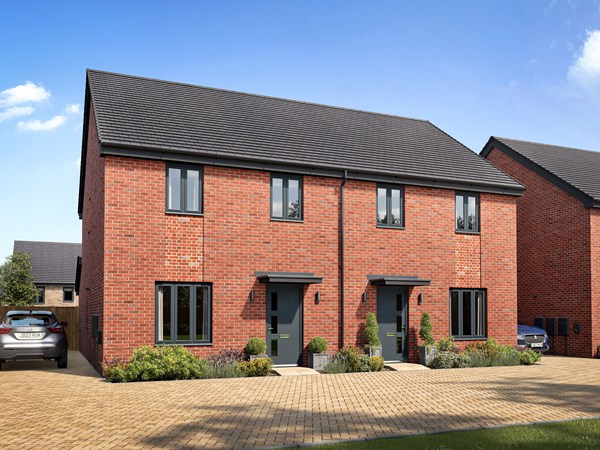 Alt text:  Front elevation of a pair of contemporary semi-detached red brick homes with dark grey front doors, black-framed windows, landscaped planting beds and private driveways under a clear blue sky.