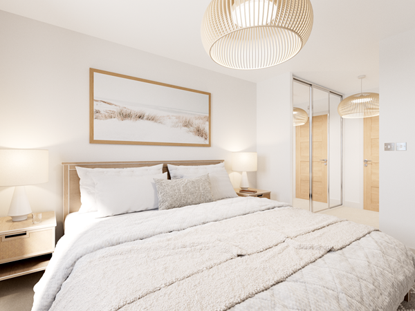 Bright modern bedroom with double bed, neutral décor, mirrored wardrobe and stylish pendant lighting.