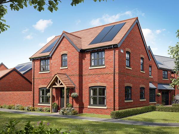 Front view of a four-bedroom detached home with solar panels, landscaped gardens and timber entrance porch.