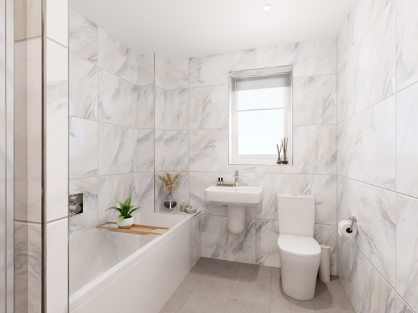 Modern bathroom with marble-effect tiles, white bathtub, wall-mounted sink, toilet and minimalist décor.