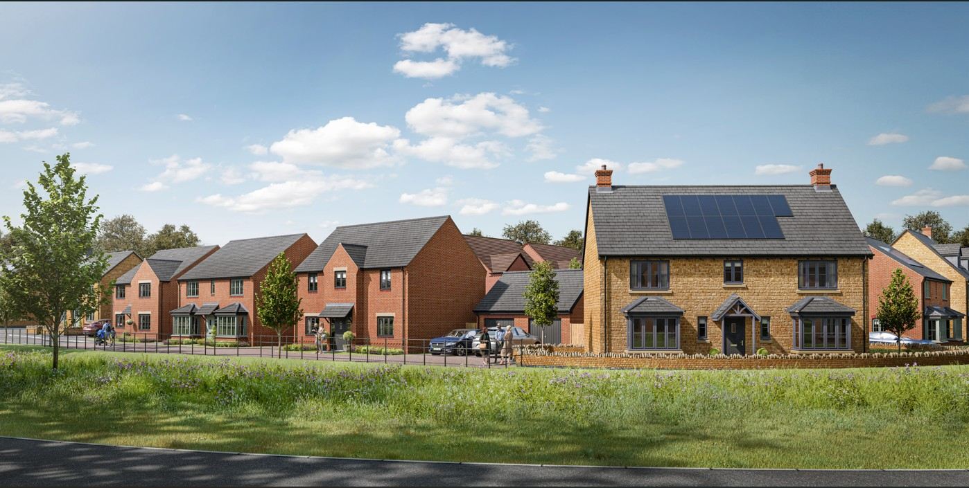 CGI street scene of development. A mix of red and buff brick homes with bay windows and solar panels