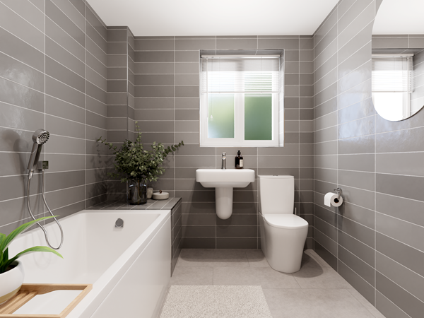 Contemporary bathroom with grey wall tiles, white bathtub, wall-mounted sink, and frosted window for natural light