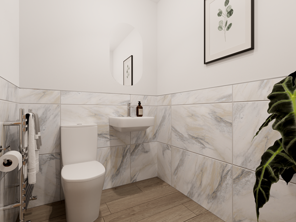 Compact WC with marble-effect wall tiles, white toilet and basin, wooden flooring and modern décor with greenery