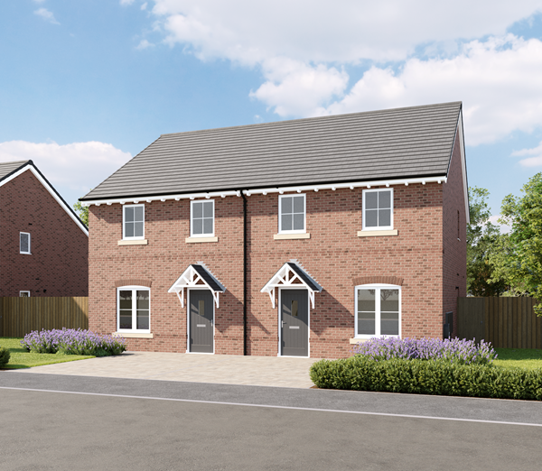 Red brick semi-detached home with pitched grey roof, white-framed windows, twin front doors, and landscaped front garden