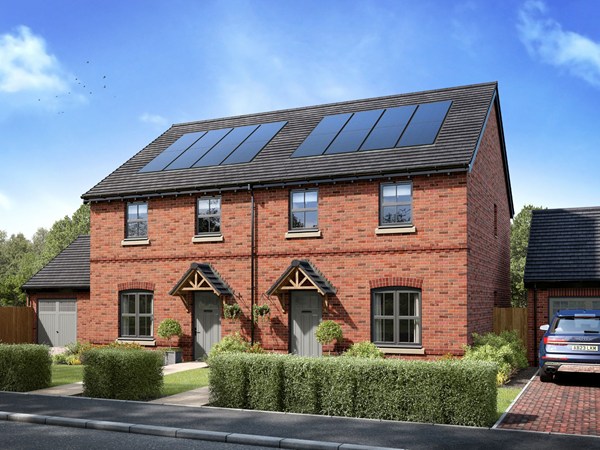 Red brick semi-detached home with pitched grey roof, white-framed windows, twin front doors, and landscaped front garden