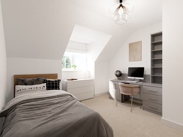 Bright attic bedroom with single bed, grey bedding, built-in desk, shelves and modern pendant light.