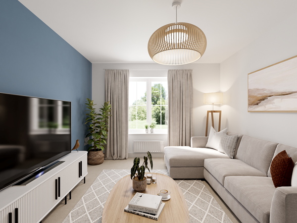 Modern living room with grey corner sofa, blue feature wall, large TV, wooden coffee table and natural light