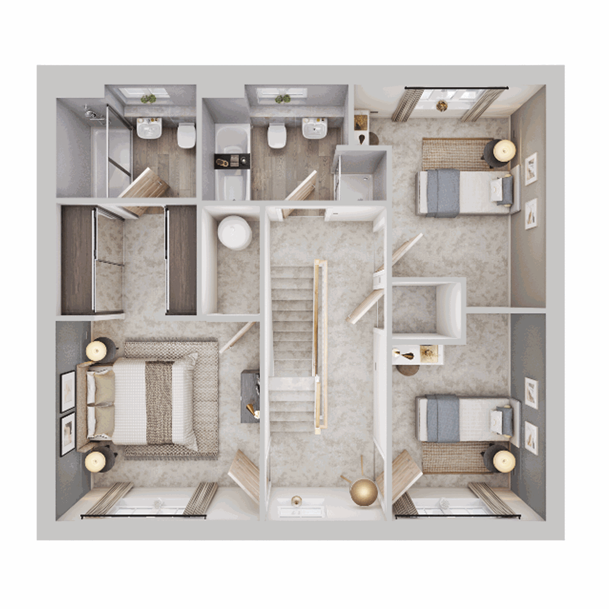First floor plan showing three bedrooms, bathroom and landing area.