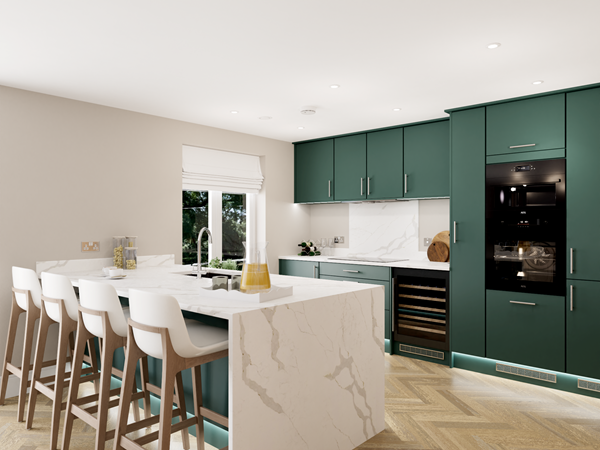 Contemporary kitchen with deep green cabinets, a marble island, and integrated appliances including an oven and wine cooler. Four upholstered bar stools line the island, and natural light enters through a window above the sink. Herringbone-patterned wooden flooring completes the look.
