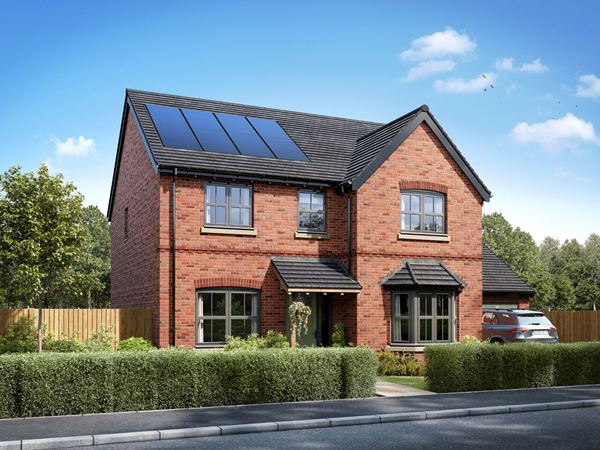 An exterior photo of a detached four-bedroom premium new Charles Church home, the Lancombe, against a blue sky.