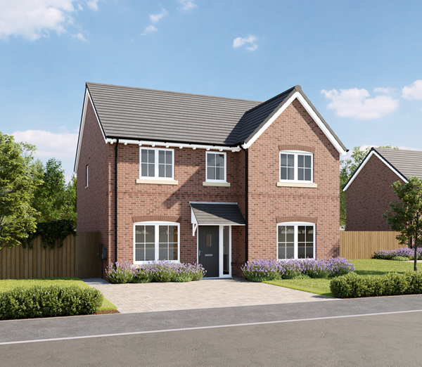 An exterior photo of a detached four-bedroom premium new Charles Church home, the Lancombe, against a blue sky.