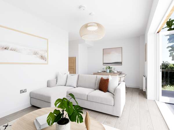Modern living room with light corner sofa, wooden coffee table, and view into dining area with soft neutral decor