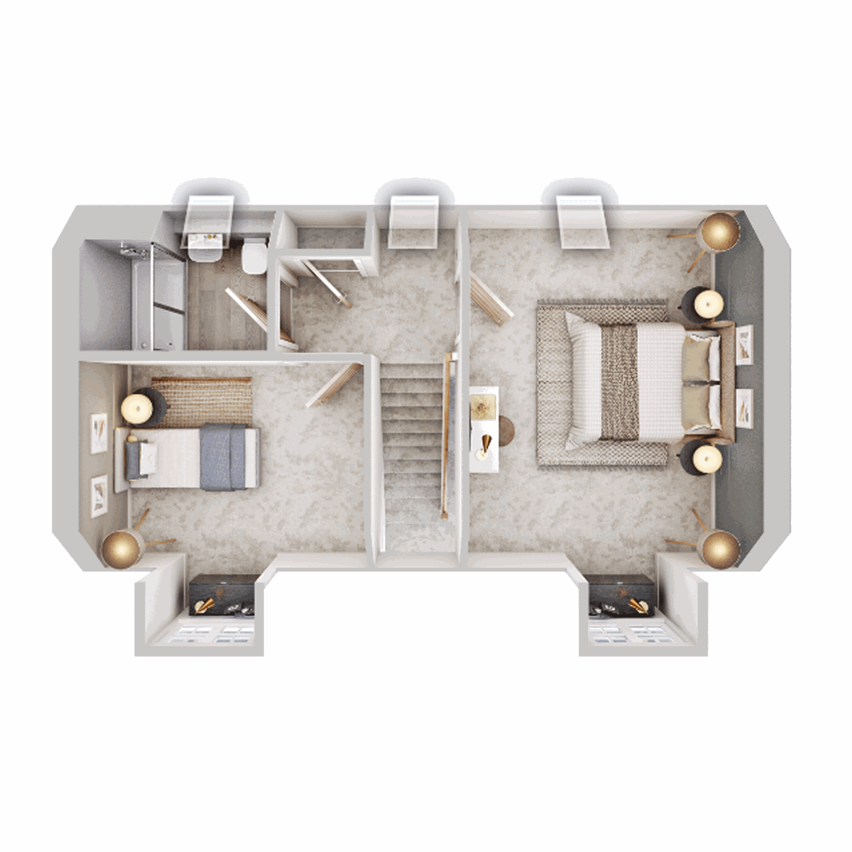 Second floor plan showing two bedrooms, bathroom and landing area.