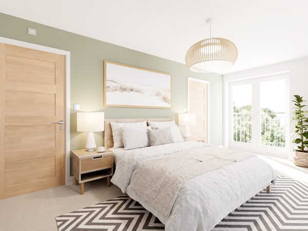 Bright bedroom with green feature wall, wooden bed frame, chevron rug, neutral bedding and French doors to balcony