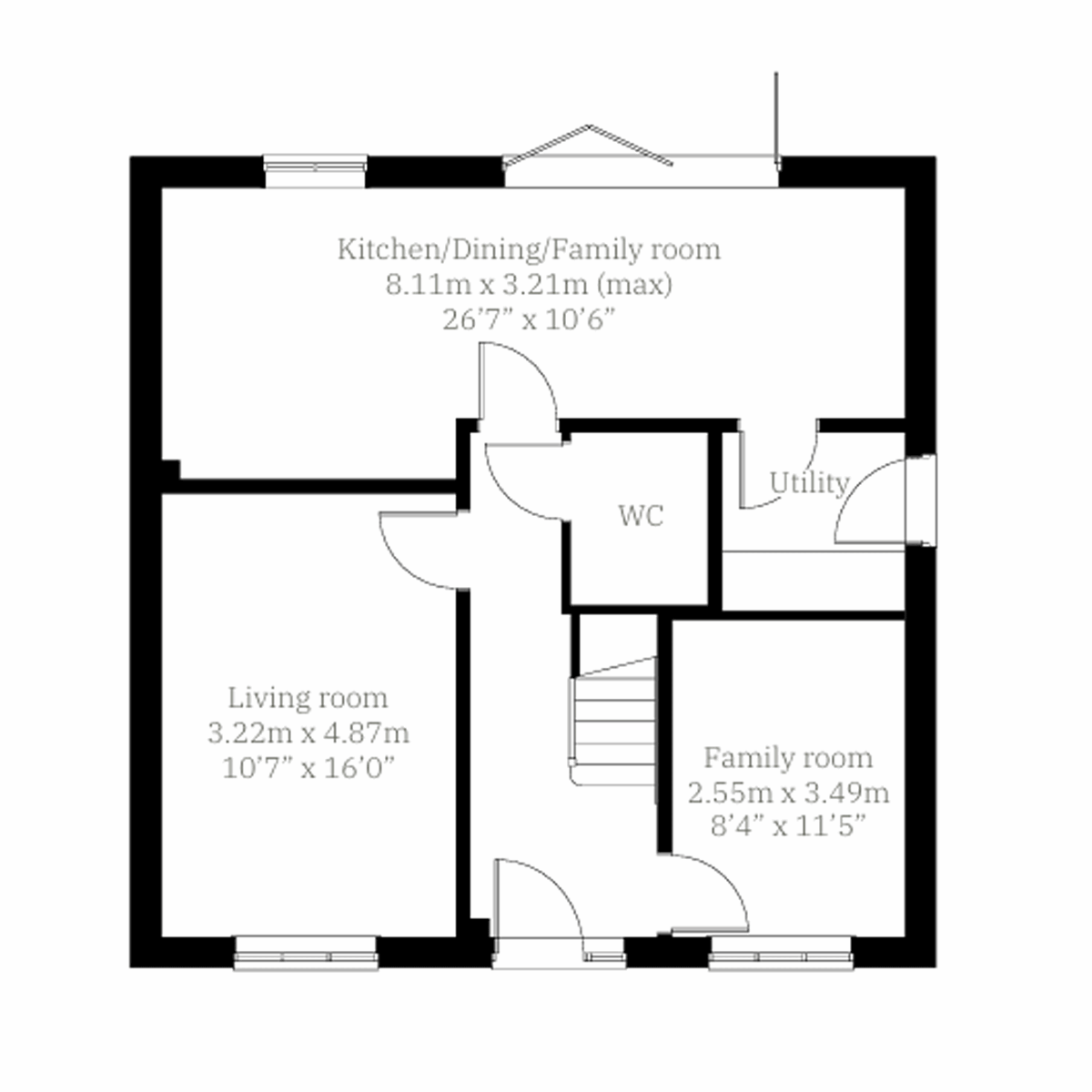 Hastings ground floor plan at St Peter's Place with kitchen/dining/family room, living room, utility and WC