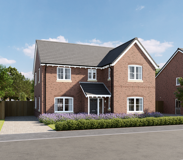 Two-story detached brick house with a gray tiled roof and white-framed windows. A small porch with a black door sits at the center, and a paved driveway runs along the left side. Lavender plants line the front garden, and the house is set against a backdrop of trees and a clear blue sky.