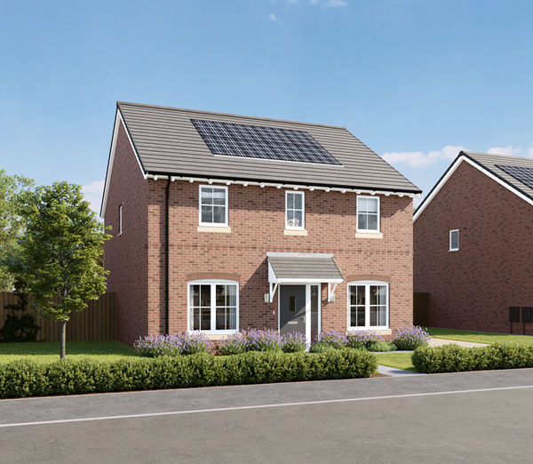 An exterior shot of a double-fronted Charles Church home, the Hastings, against a blue sky with lavender in the garden.
