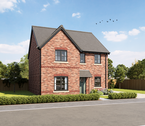 An exterior shot of the Dunnet, a premium new home by Charles Church against a blue sky with a green hedge.