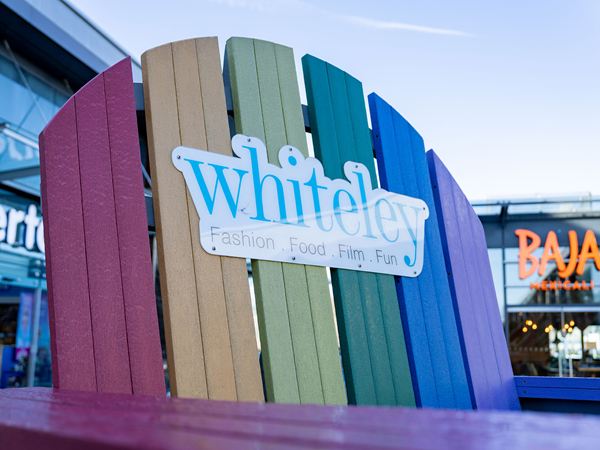 Colourful Whiteley sign at nearby shopping and leisure destination.