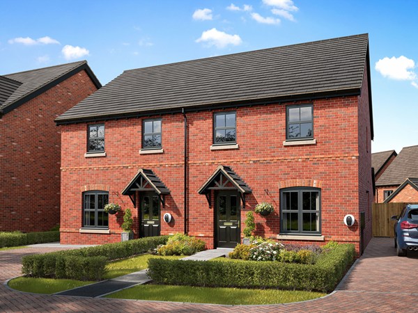 Front view of the Studland, a red-brick semi-detached new build home at Monarch Walk with front gardens.