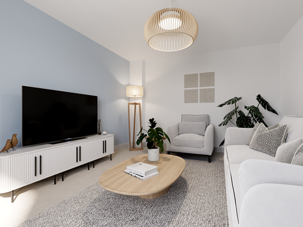 Contemporary living room with light grey sofa, armchair, wooden coffee table, TV unit and indoor plants