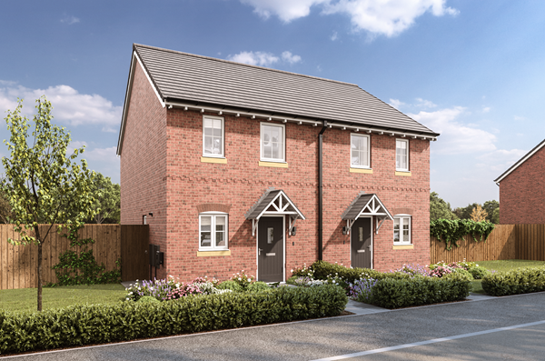 emi-detached two-bedroom homes with red brick exteriors, pitched grey tiled roofs, and decorative porch canopies. Each home features two front-facing windows on the upper floor and a landscaped front garden with shrubs and a small tree, set along a quiet residential street under a bright blue sky.