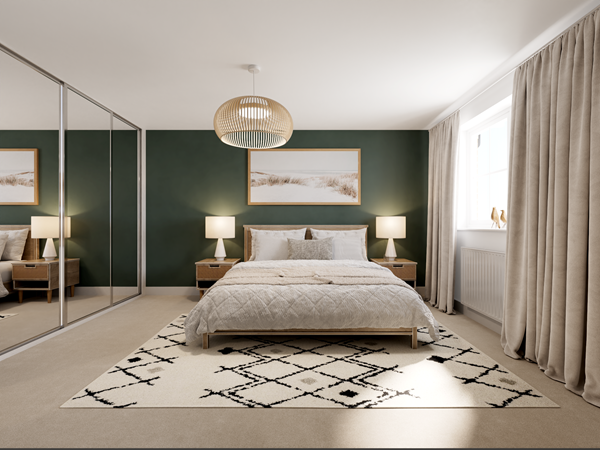 Elegant bedroom with green feature wall, mirrored wardrobes, double bed and neutral décor for a modern cosy look.