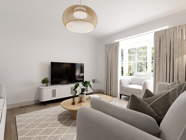 Bright modern living room with neutral décor, large bay window, cosy armchairs, TV unit and wooden coffee table