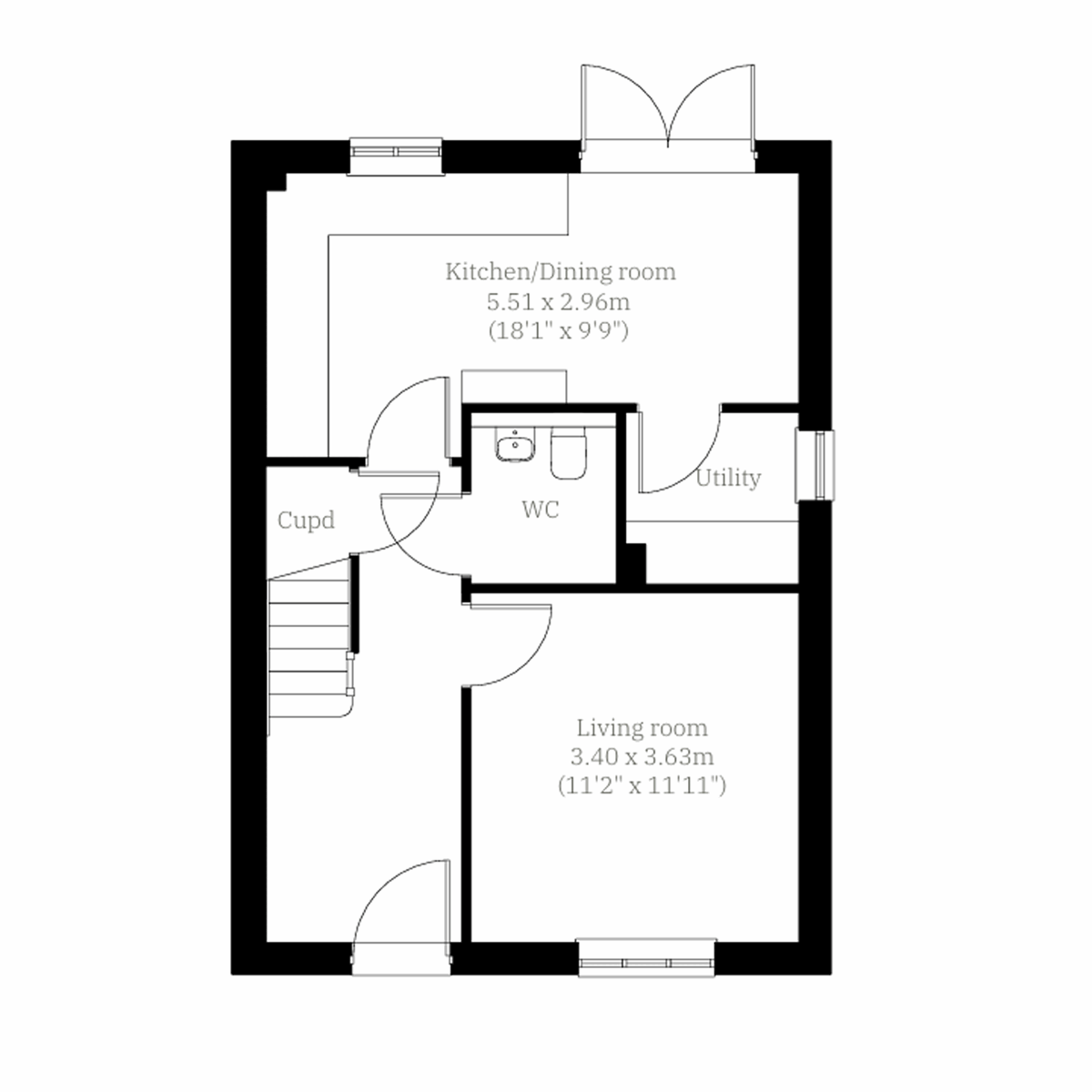 Blyth ground floor plan at St Peter's Place with kitchen/dining room, living room, utility and WC