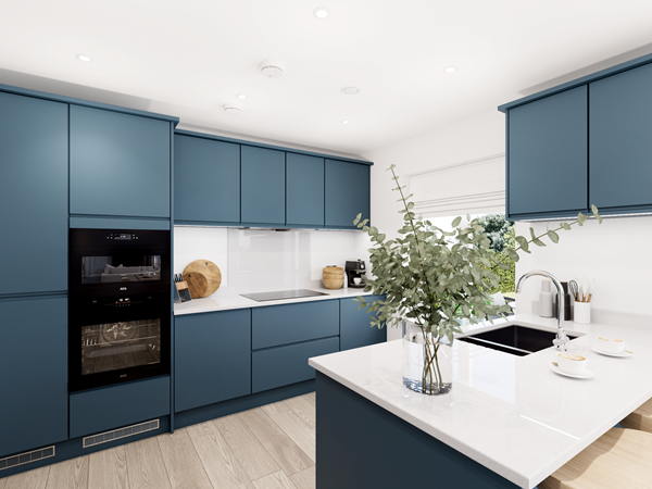 Modern kitchen with blue cabinets, white quartz worktops, built-in ovens and island sink with greenery decor.