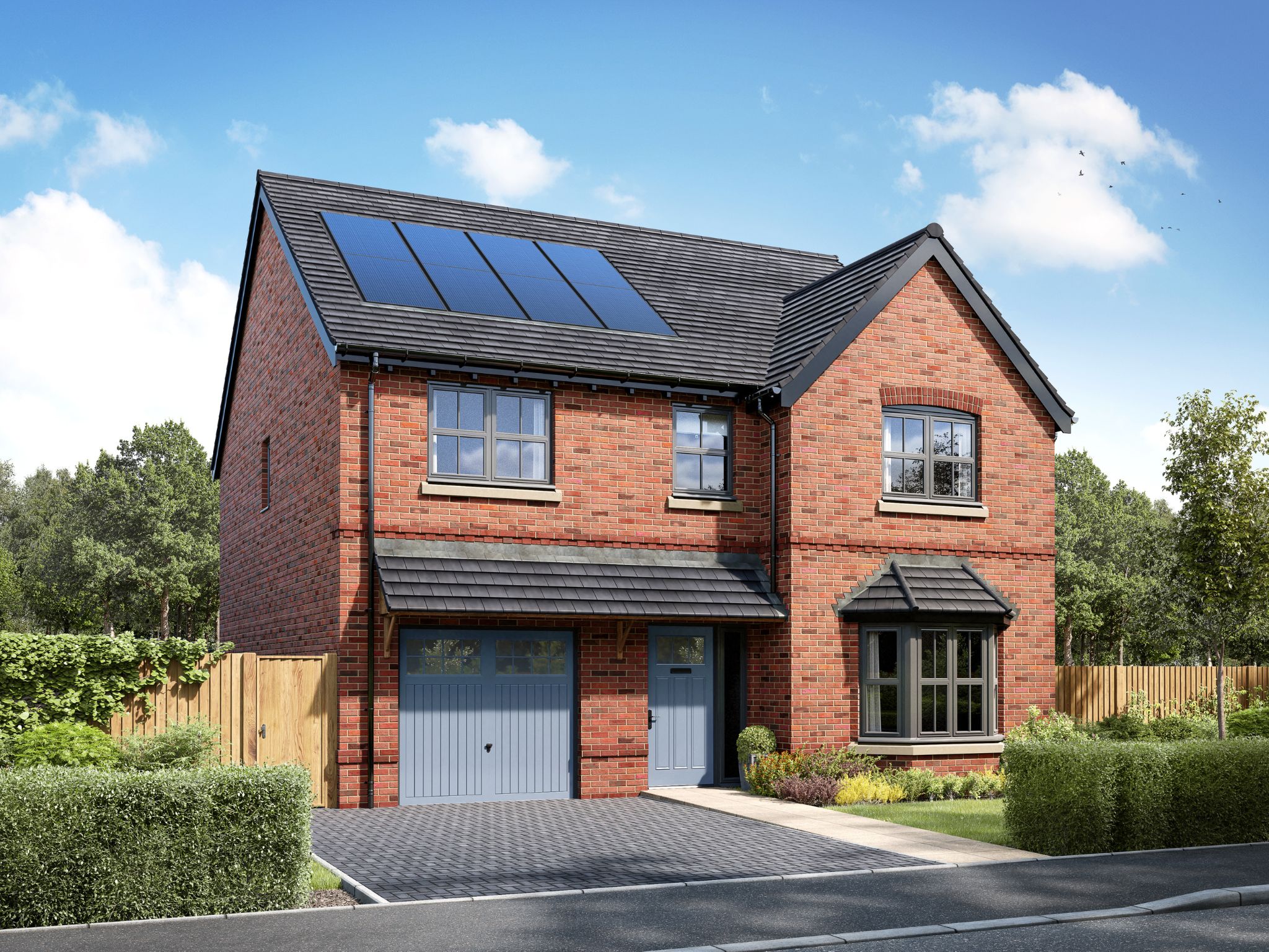 Modern red brick detached house with solar panels, garage, bay window and landscaped front garden