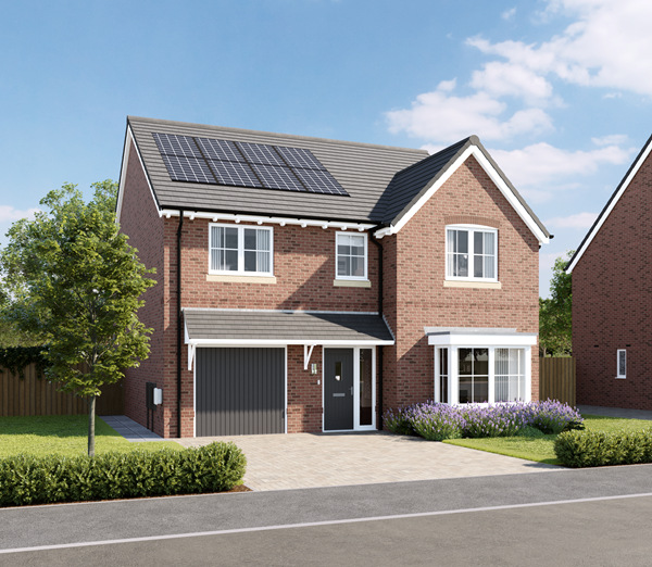 Modern red brick detached house with solar panels, garage, bay window and landscaped front garden