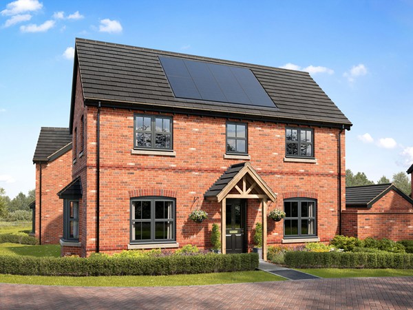 Front view of the Seacombe new build home with solar panels at Monarch Walk.