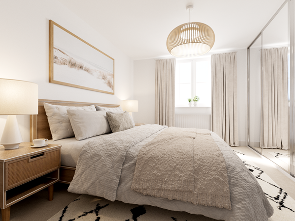 Bright modern bedroom with neutral tones, wooden bed frame, cosy bedding, mirrored wardrobe and large window