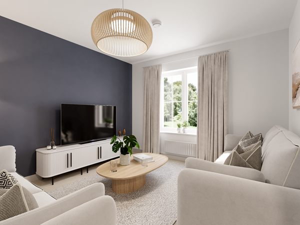 Modern living room with navy feature wall, light sofas, wooden coffee table, and large window with beige curtains