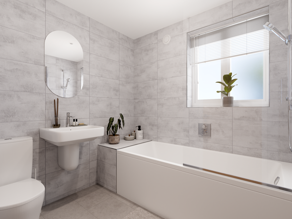 Modern bathroom with grey tiled walls, white bathtub, wall-mounted sink, large mirror and frosted window