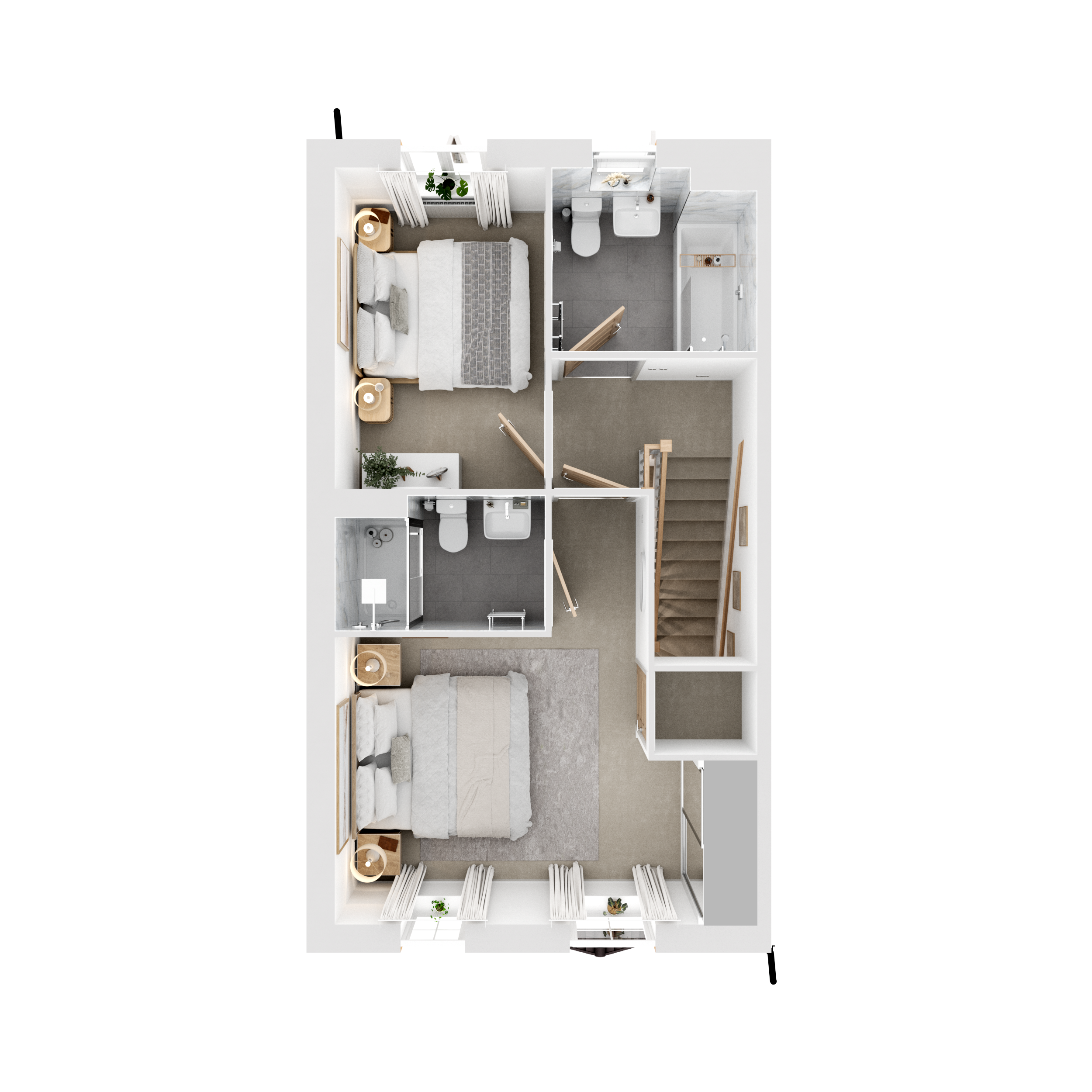 3d floor plan of the cromer first floor featuring two bedrooms and a bathroom. the larger bedroom is at the front with a double bed, while the second bedroom is at the rear with a single bed and desk. bathroom includes shower, toilet, and sink near the landing.