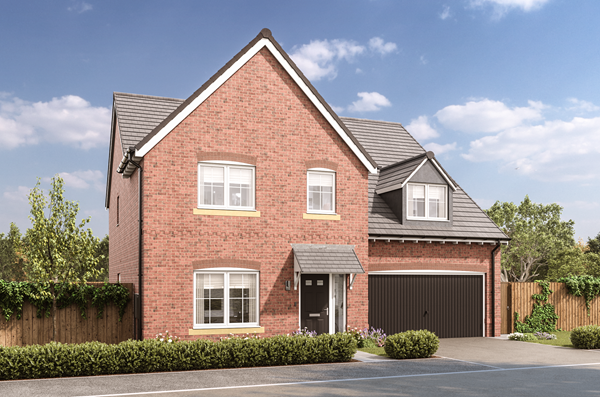 Modern red brick detached house with grey tiled roof, double garage and landscaped front garden under blue sky