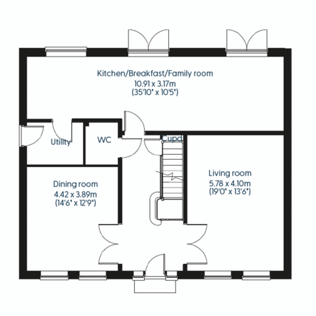 Ground floor plan showing kitchen, dining, living, utility, and WC