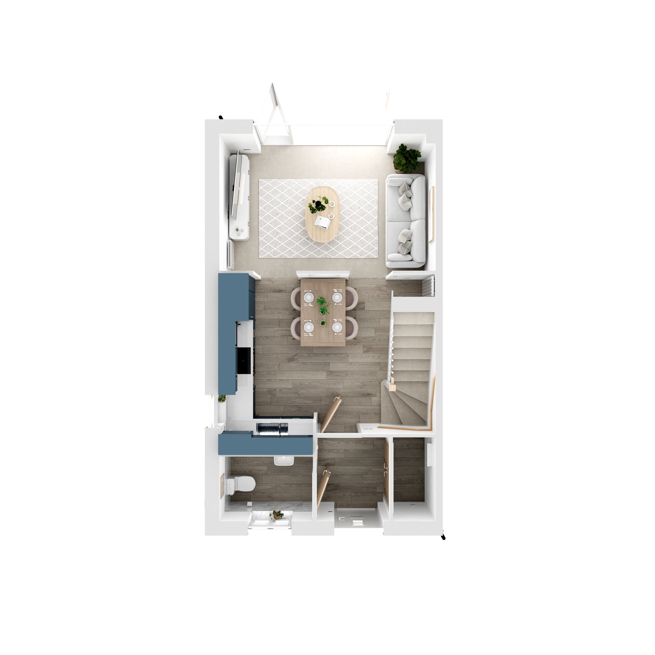 3d floor plan of the cromer ground floor showing an open-plan kitchen and dining area with blue cabinetry, a central dining table, and a living space at the rear with a sofa and coffee table. includes a staircase, hallway, and downstairs wc near the entrance.