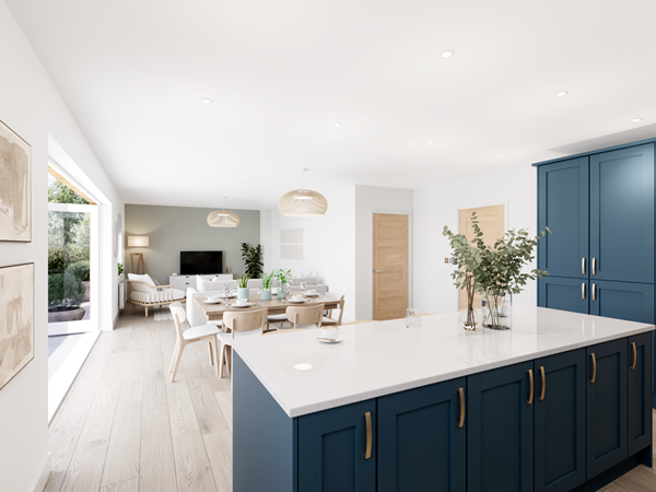 Open-plan-kitchen-dining-and-living-space-with-blue-shaker-cabinetry-quartz-island-patio-doors-and-contemporary-styling