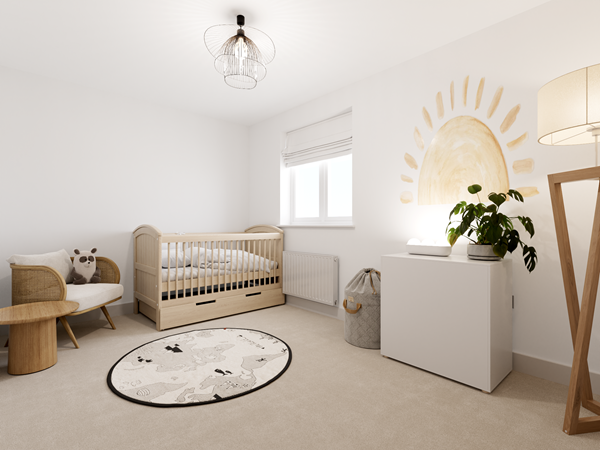 Bright nursery with a wooden cot, a cozy armchair, and a round rug featuring playful patterns. A sun-themed mural decorates the wall, and a floor lamp adds soft lighting. A window with a Roman blind brings in natural light.