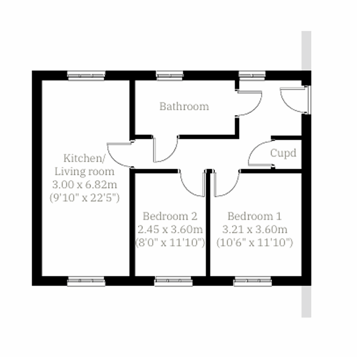 Floor plan of the Mercia a kitchen/living room, two bedrooms and bathroom.