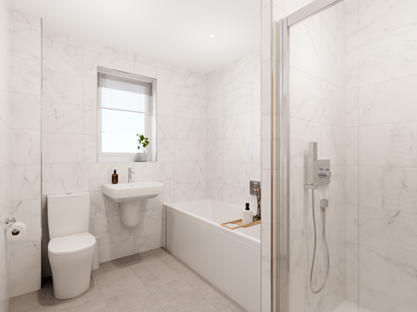 Modern bathroom with marble-effect wall tiles, a bathtub with a wooden tray, and a glass-enclosed shower. A wall-mounted sink sits beneath a small window with blinds, and a white toilet is positioned on the left. Decorative plants add a touch of greenery.
