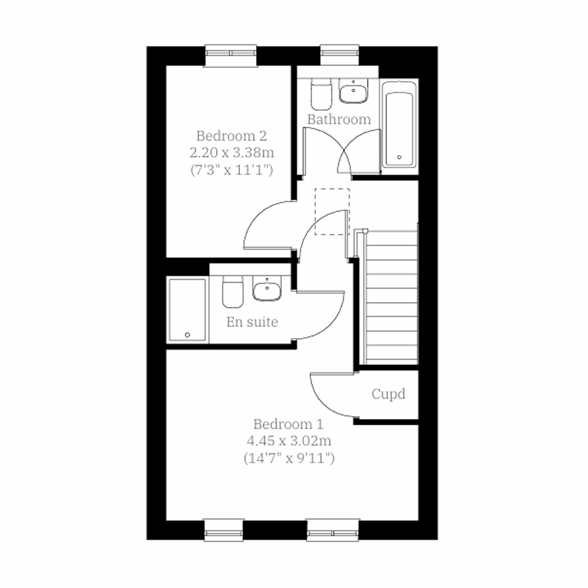 First floor plan of a two-bedroom home with principal bedroom en suite, second bedroom and family bathroom.