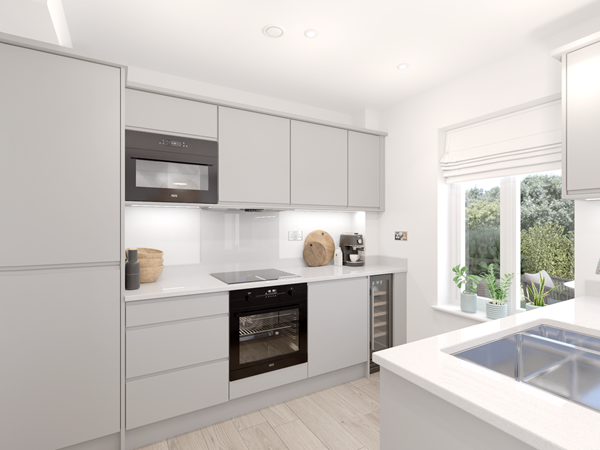 A sleek, modern kitchen with light grey cabinets and integrated appliances, including a built-in oven, microwave, and wine cooler. 